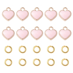 Pink Heart Alloy Enamel Charms, with Brass Open Jump Rings, Pink, Charms: 8x7.5x2.5mm, hole: 1.5mm, 10pcs; Jump Rings: 20 Gauge, 4x0.8mm, Inner Diameter: 2.4mm, 10pcs