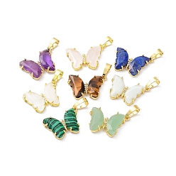 Mixed Stone Natural & Synthetic Mixed Gemstone Pendants, with Rack Plating Golden Plated Brass Findings, Cadmium Free & Lead Free, Faceted Butterfly Charms, 17x22.5x4mm, Hole: 8x5mm