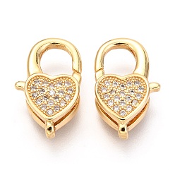 Real 18K Gold Plated Brass Micro Pave Cubic Zirconia Lobster Claw Clasps, Heart, Real 18K Gold Plated, 17x10x5mm, Hole: 1x2mm