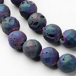 Blue Plated Electroplated Natural Quartz Crystal Beads Strands, Druzy Geode Crystal, Faceted, Round, Blue Plated, 8~8.5mm, Hole: 1mm, about 24pcs/strand, 7.9 inch