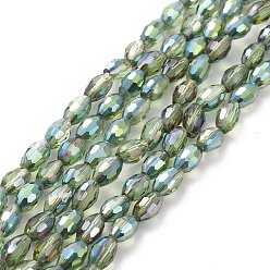 Lime Vert Perles en verre electroplate, demi-plaqué, facette, ovale, lime green, 6x4mm, Trou: 1mm, Environ 72 pcs/chapelet, 16 pouce
