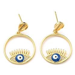 Blue Cubic Zirconia Evil Eye Dangle Stud Earring with Enamel, Real 18K Gold Plated Brass Earrings, Cadmium Free & Lead Free, Blue, 30x20mm