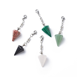 Mixed Stone Cone Gemstone Pendulum Pendant Decorations, with Synthetic Hematite Beads, Lobster Clasp Charms, Clip-on Charms, for Keychain, Purse, Backpack Ornament, Witch Craft Supplies, 65mm