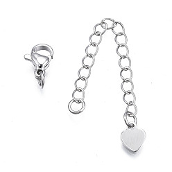 Platinum Brass Chain Extender, with Lobster Claw Clasps, Nickel Free, Heart, Platinum, 70mm, Hole: 2.5mm