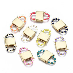 Mixed Color Brass Clasps, with Enamel, Cadmium Free & Nickel Free & Lead Free, Real 16K Gold Plated, Lock, Mixed Color, 26x16x4.5mm, Hole: 6x7mm