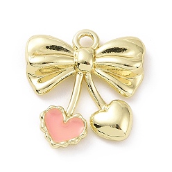 Pink Rack Plating Alloy Enamel Pendants, Bowknot with Heart Charms, Pink, 19.5x19x3.5mm, Hole: 2mm