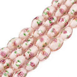 Pink Granos del lampwork hecho a mano de vidrio de lámina de plata, ovalada con flores, rosa, 16~17x9~11 mm, agujero: 1.5~2 mm