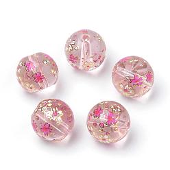 Pink Des billes de verre imprimées, ronde avec motif de fleurs, rose, 11~12x11mm, Trou: 1.5mm
