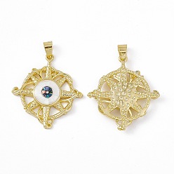 White Natural Shell Pendants, Flat Round Charms with Evil Eye, Dyed, with Rack Plating Golden Tone Brass Findings, Long-Lasting Plated, White, 33x30x4mm, Hole: 6x4mm