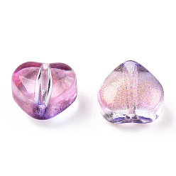 Orchidéeée Moyen Perles de verre peintes par pulvérisation transparent, avec de la poudre de paillettes, cœur, moyen orchidée, 6x6x4mm, Trou: 0.7mm