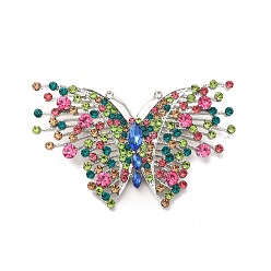Platino Pin de solapa de mariposa de diamantes de imitación de colores, broche de aleación para mujer, Platino, 40x68x4 mm, pin: 0.7 mm