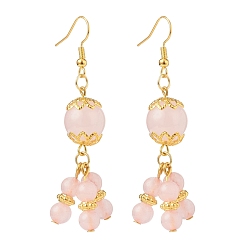 Quartz Rose Longues boucles d'oreilles pendantes en grappe de perles rondes en quartz rose naturel, bijoux en laiton plaqué or pour femme, 64~65mm, pin: 0.5 mm