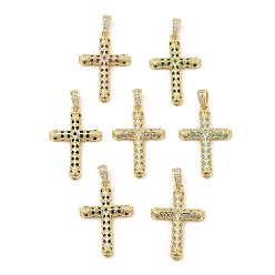 Mixed Color Brass Micro Pave Cubic Zirconia Pendants, Real 16K Gold Plated, Cross, Mixed Color, 31.5x21.5x4mm, Hole: 5x2.5mm