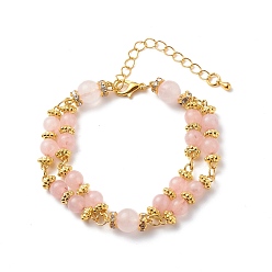 Golden Natural Rose Quartz Beaded Double Line Multi-strand Bracelet, Gemstone Jewelry for Women, Golden, 7-1/4 inch(18.5cm)