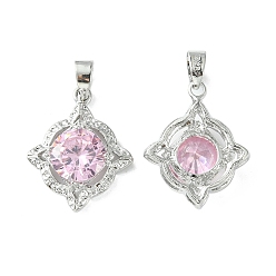 Real Platinum Plated Brass Micro Pave Pink Cubic Zirconia Pendants, Flower Charm, Real Platinum Plated, 21.5x17x5.5mm, Hole: 4.5x3.5mm