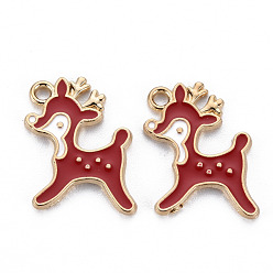 Red Alloy Enamel Pendants, Cadmium Free & Nickel Free & Lead Free, for Christmas, Reindeer, Light Gold, Red, 19.5x15x1.5mm, Hole: 1.8mm