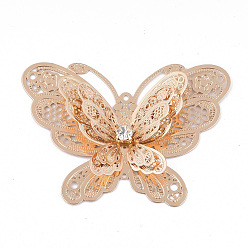 Light Gold Brass Filigree Joiners Links, with Crystal Rhinestone, Butterfly, Light Gold, 37x50x9mm, Hole: 1.2mm
