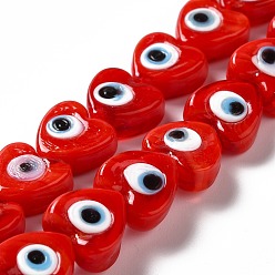 Red Handmade Evil Eye Lampwork Beads Strands, Heart, Red, 12x12x6mm, Hole: 1.4mm, about 33pcs/strand, 14.37''~14.57''(36.5~37cm)