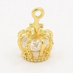 Golden Brass Micro Pave Cubic Zirconia Pendants, Crown, Golden, 16x11x8mm, Hole: 2mm