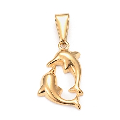 Golden 304 Stainless Steel Pendants, Double Dolphin, Golden, 19x11x2.5mm, Hole: 7.5x3mm