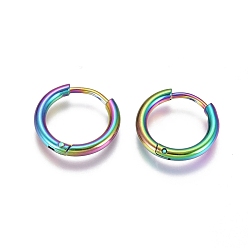 Rainbow Color 304 Stainless Steel Huggie Hoop Earrings, with 316 Surgical Stainless Steel Pin, Ion Plating(IP), Ring, Rainbow Color, 14x2mm, 12 Gauge, Pin: 0.9mm