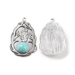 Antique Silver Alloy Owl Pendants, Oval Charms, with Synthetic Turquoise, Antique Silver, 48x30x7mm, Hole: 2mm