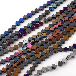 Mixed Color Electroplated Non-magnetic Synthetic Hematite Beads Strands, Cross, Mixed Color, 4x4x2mm, Hole: 0.6mm, about 98pcs/strand, 16.14 inch(41cm)