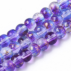 Blue Violet Transparent Spray Painted Glass Bead Strands, with Golden Foil, Round, Blue Violet, 4~5mm, Hole: 0.9~1.2mm, about 95~103pcs/Strand, 13.78 inch~14.88 inch(35~37.8cm)
