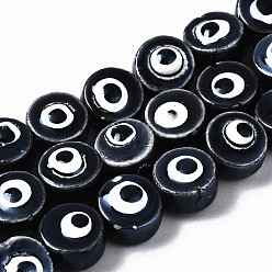 Черный Бусины из фарфора и керамики ручной работы, яркие глазированный фарфор, плоские круглые с сглаза, чёрные, 8x5 мм, отверстие : 1.5 мм, около 40 шт / нитка, 12.01 дюйм (30.5 см)
