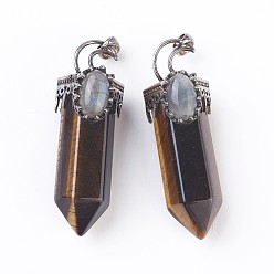 Tiger Eye Natural Tiger Eye Big Pendants, Pointed Pendant, with Brass Findings and Oval Natural Labradorite Cabochons, Faceted, Bullet, Antique Silver, 60~62x20x23~24mm, Hole: 5.5x7mm