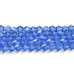 Light Blue Transparent Electroplate Glass Beads Strands, AB Color Plated, Faceted, Bicone, Light Blue, 4x4mm, Hole: 0.8mm, about 87~98pcs/strand, 12.76~14.61 inch(32.4~37.1cm)