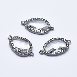 Clear Brass Micro Pave Cubic Zirconia Links, with Glass, Faceted, Teardrop, Gunmetal, Clear, 28x16x4.5mm, Hole: 1.6mm