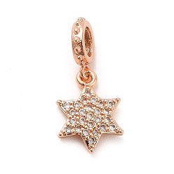 Rose Gold Rack Plating Brass Micro Pave Cubic Zirconia European Dangle Charms, Large Hole Pendants, Star of David Charm, Long-Lasting Plated, Cadmium Free & Lead Free, Rose Gold, 19mm, Hole: 4mm, Star: 12.5x9x2mm