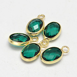 Teal Oval Faceted Golden Tone Brass Glass Charms, Teal, 12x7x3.5mm, Hole: 1mm