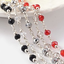 Mixed Color Silver Color Plated Brass Handmade Glass Beaded Chains, Unwelded, with Iron Beads, For Necklaces Bracelets Making, Mixed Color, 39.3 inch