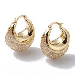 Real 18K Gold Plated Crystal Rhinestone Beaded Double Horn Thick Hoop Earrings, Brass Jewelry for Women, Real 18K Gold Plated, 31.5x26x17mm, Pin: 0.8mm