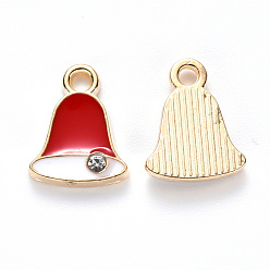Red Alloy Enamel Charms, with Crystal Rhinestone, for Christmas, Jingle Bell, Light Gold, Red, 12x9.5x2mm, Hole: 1.6mm
