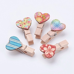 Mixed Color Wooden Craft Pegs Clips, Heart, Spray Paint, Clothespins, Paper Note Photo Holder, Mixed Color, 37.5x21x11mm
