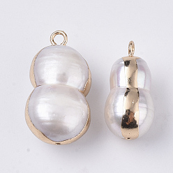 Seashell Color Natural Cultured Freshwater Pearl Pendants, with Half Hole and Brass Loop, Edge Plated, Calabash, Golden, Seashell Color, 19.5~26x9~14.5x8~12mm, Hole: 1.8mm, Half Hole: 0.9mm