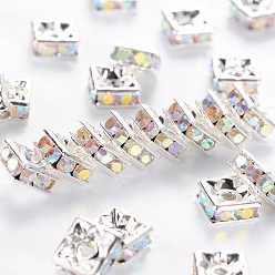 Clear AB Brass Rhinestone Spacer Beads, Beads, Grade A, Square, Nickel Free, AB color, Clear AB, Silver Color Plated, Size: about 6mmx6mmx3mm, hole: 1mm