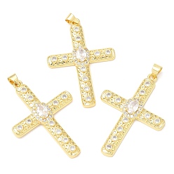 Real 18K Gold Plated Rack Plating Brass Micro Pave Cubic Zirconia Pendants, Long-Lasting Plated, Lead Free & Cadmium Free, Cross, Real 18K Gold Plated, 39.5x27.5x4.5mm, Hole: 4x3.5mm