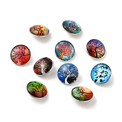 Mixed Color Brass Glass Cabochons Buttons, Jewelry Snap Buttons, Flat Round with Tree Pattern, Mixed Color, 18x10mm, Knob: 5~5.5mm