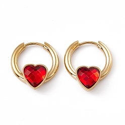 Red Cubic Zirconia Heart Hoop Earrings, Golden 304 Stainless Steel Jewelry for Women, Red, 19.5x17x6mm, Pin: 1mm