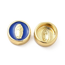 Azul Royal Perlas de esmalte de bronce, plano y redondo con virgen maría, real 18 k chapado en oro, azul real, 11x5 mm, agujero: 2 mm