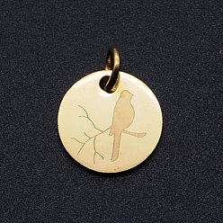 Golden 201 Stainless Steel Charms, with Jump Rings, Flat Round with Bird, Golden, 12x1mm, Hole: 3mm