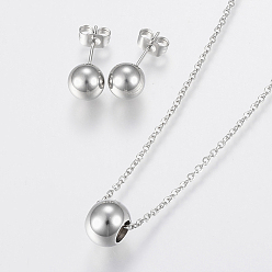 Stainless Steel Color 304 Stainless Steel Jewelry Sets, Pendant Necklaces and Stud Earrings, Round, Stainless Steel Color, 17.71 inch(45cm), 19x8mm, Pin: 0.8mm