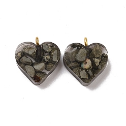 Coffee Transparent Resin Natural Chalcopyrite Jasper Dyed Chips Pendants, with Golden Tone Brass Loops, Heart Charm, Coffee, 16.5x15.5x6~6.5mm, Hole: 2mm
