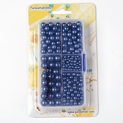 Midnight Blue Eco-Friendly Dyed Glass Pearl Round Pearlized Bead, White, 4~10mm, Hole: 0.7~1.5mm, 430pcs/box