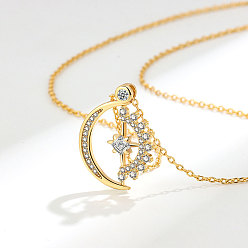 Oro Collar con colgante giratorio de latón y circonita cúbica transparente, la luna y las estrellas, dorado, 15.75 pulgada (40 cm)