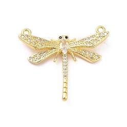 Real 18K Gold Plated Brass Pave Clear & Jet Cubic Zirconia Connector Charms, Dragonfly Link, Long-Lasting Plated, Cadmium Free & Nickel Free & Lead Free, Real 18K Gold Plated, 26x31.5x5.5mm, Hole: 1.5mm